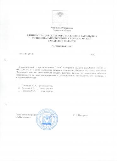 Расп 13 от 21 01 2014 О созд раб группы по выявл объктов нед ти