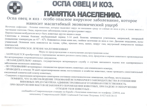 Памятка населению по оспе овец и коз